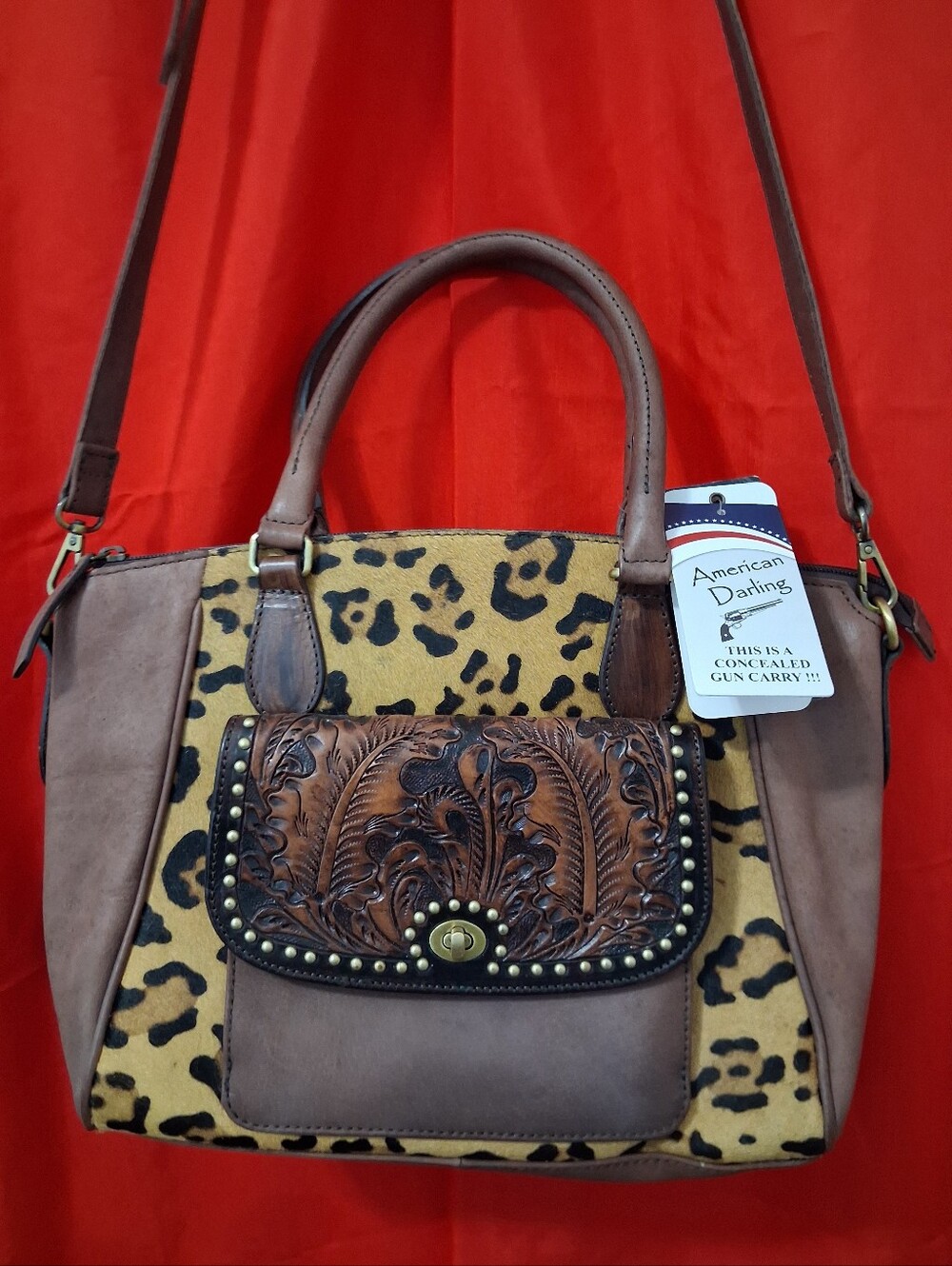 American Darling Brown Leopard-Print Satchel with Embossed Front Pocket